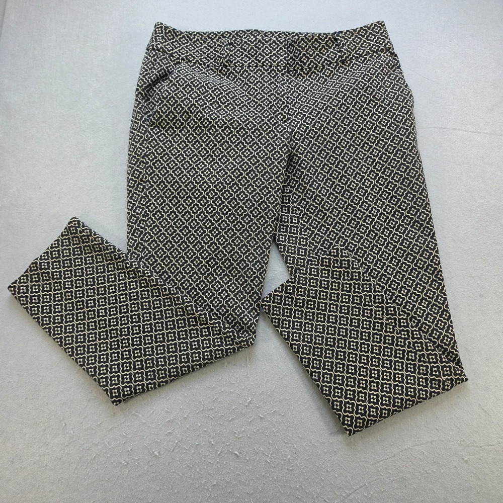 LOFT Julie Skinny Pants 8 Black Cream Quatrefoil Geometric Preppy Office Casual